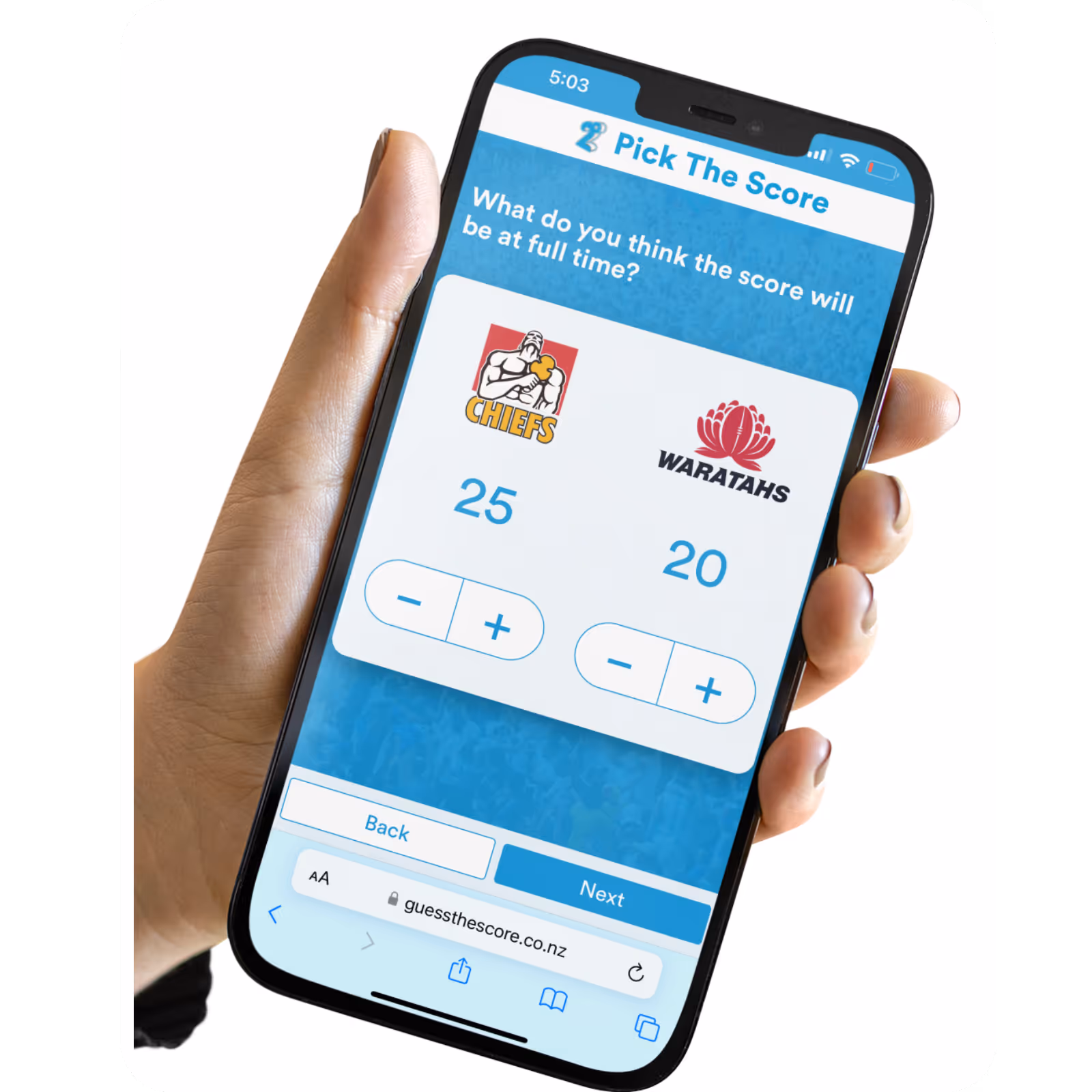 Hand holding phone showing app to pick final scores for Chiefs 25 and Waratahs 20 with plus and minus buttons.