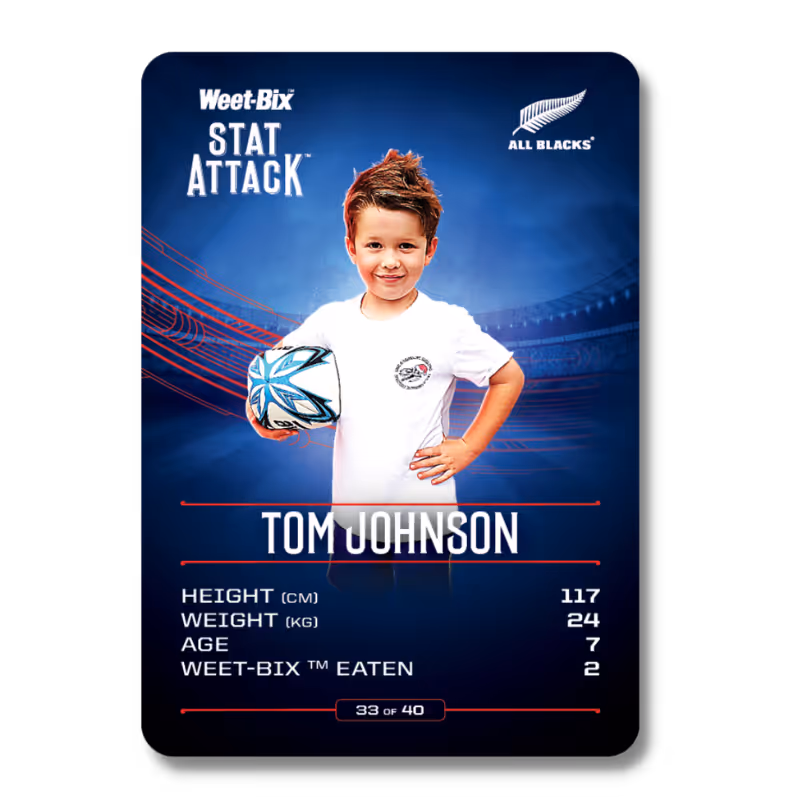 Young boy in white shirt holding rugby ball with stats for height, weight, age, and Weet-Bix eaten.