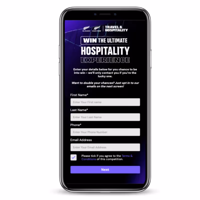 Phone screen showing a form to win a hospitality experience by entering name, phone, email, and agreeing to terms.