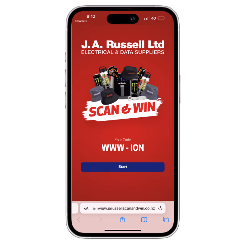 Phone screen shows J.A. Russell Ltd scan and win contest with code WWW-ION and prizes on red background.