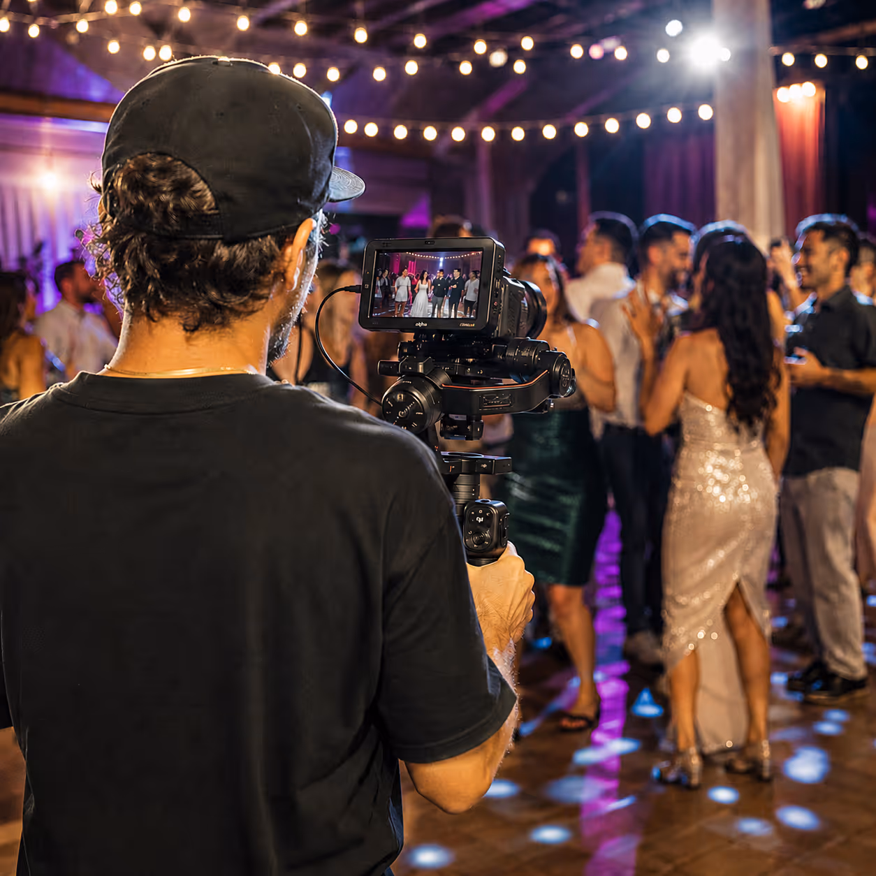 Videographer filming wedding guests dancing under string lights at a lively indoor celebration.