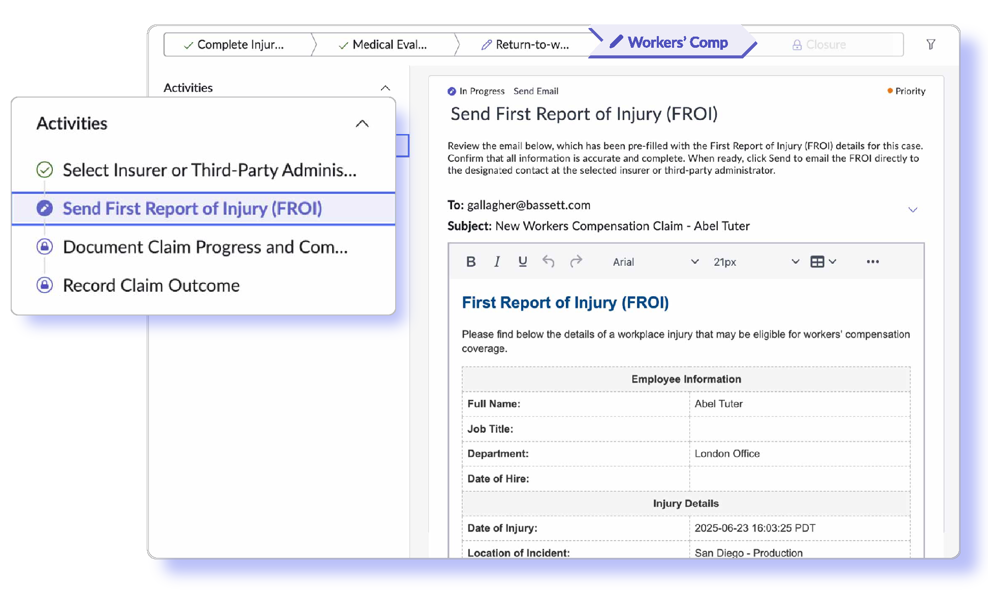 Workers' Comp snapshot First Report of Injury (FROI)
