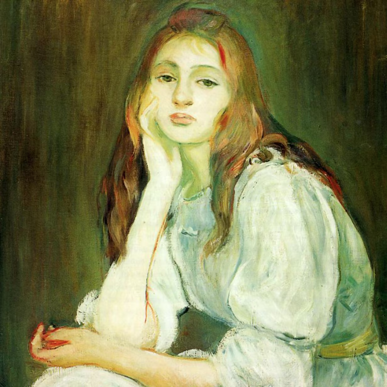 A painting by Henri de Toulouse-Lautrec made in 1890 depicting a young woman with long reddish-brown hair resting her face on her hand. She wears a pale dress and gazes outward with a distant expression against a dark green background.