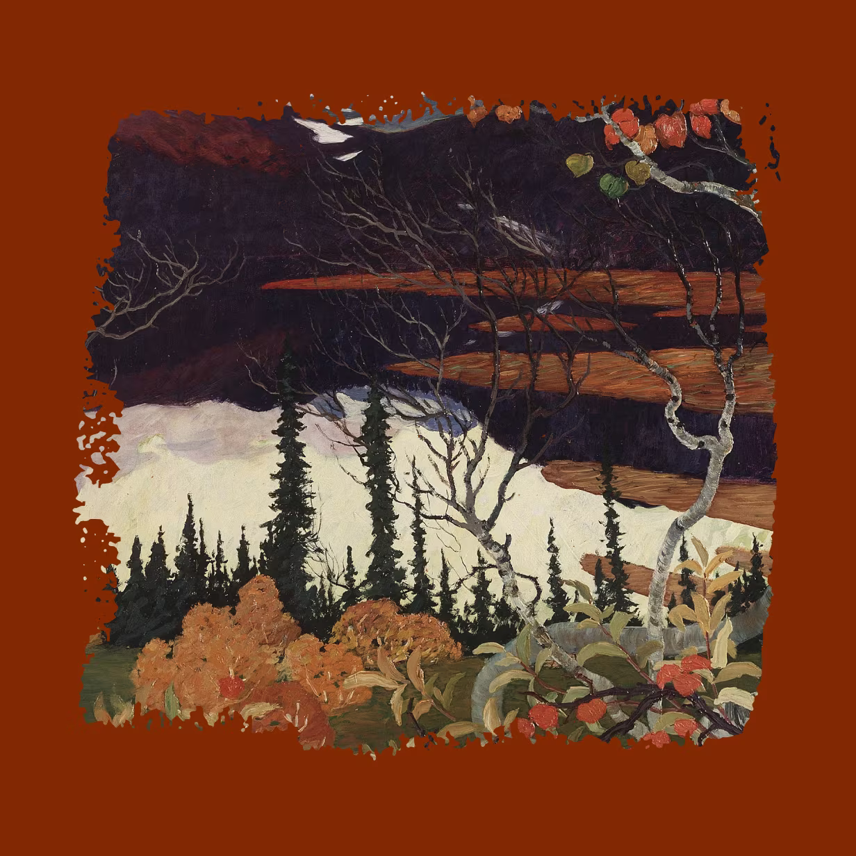 A painting by Tom Thomson made in 1915 depicting a stylized autumn landscape with tall evergreen trees, bare branches, and red-orange foliage in the foreground. The sky is painted in deep purples and oranges with a crescent moon visible above.
