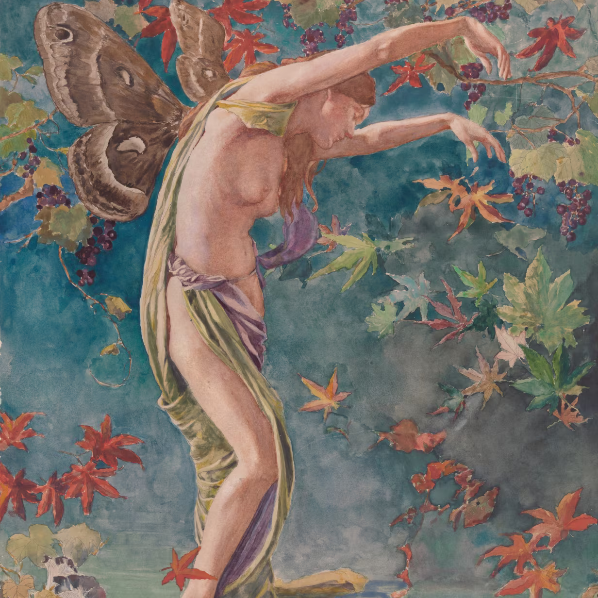 A watercolor painting by Luis Ricardo Falero made in 1883 depicting a nude female fairy with large moth-like wings, draped in flowing green and purple fabric. She is surrounded by colorful autumn leaves and grapevines against a teal background.