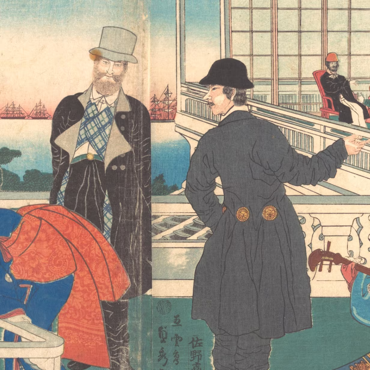 A Japanese woodblock print depicting Western men in 19th-century European clothing, including top hats and coats, on a balcony overlooking ships in a harbor. One man gestures with his arm while another sits in a red chair in the background.