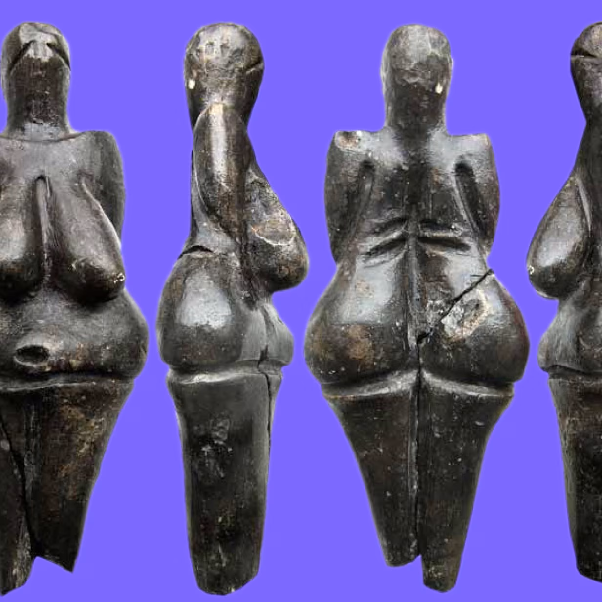 A small prehistoric figurine shown from multiple angles, with exaggerated female features including large breasts and hips. The dark, polished artifact stands against a solid purple background.