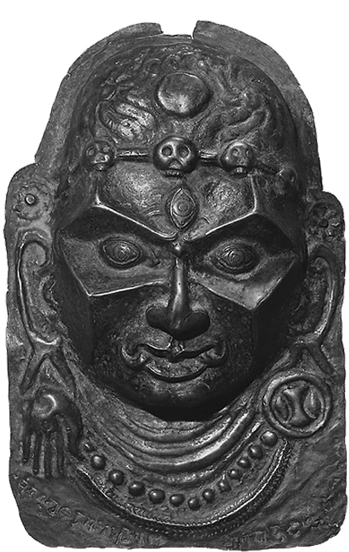 A repoussé copper alloy mask of the goddess Chamunda from 15th–16th century Nepal, featuring skull adornments, bulging eyes, and ornate jewelry. Image courtesy The Metropolitan Museum of Art.