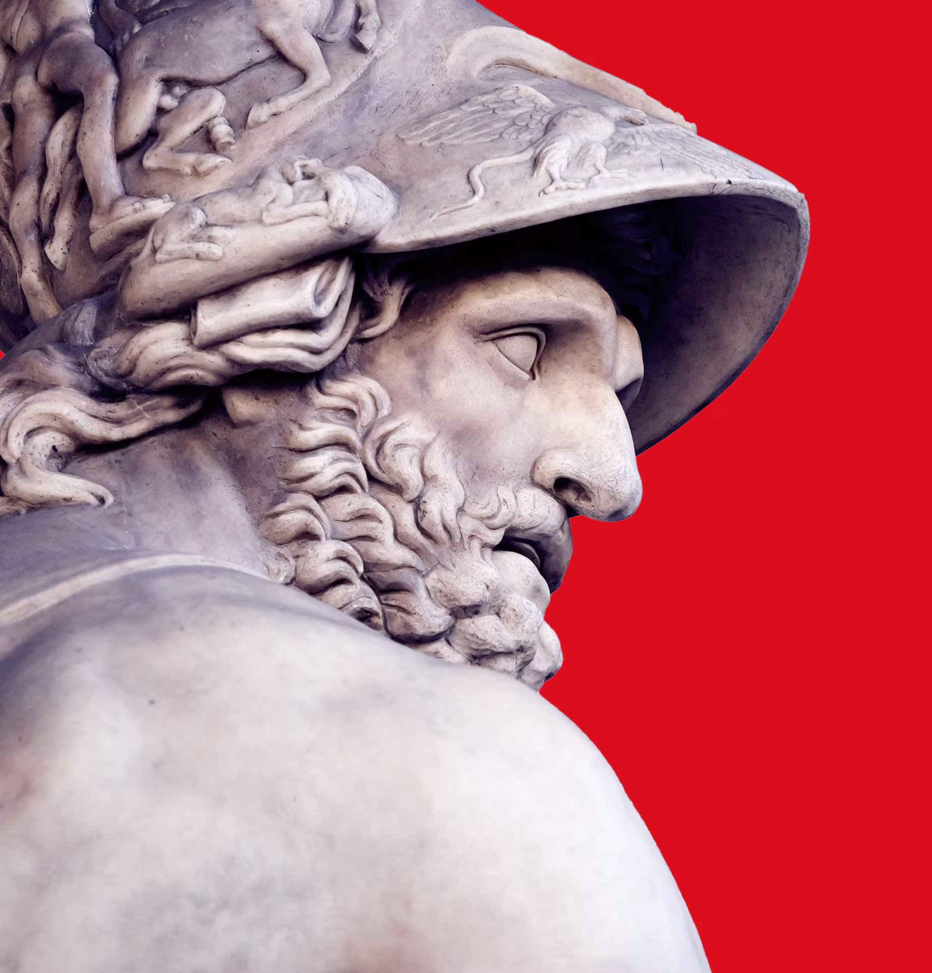 Image of the Roman sculpture of Menelaus with a bright red background.