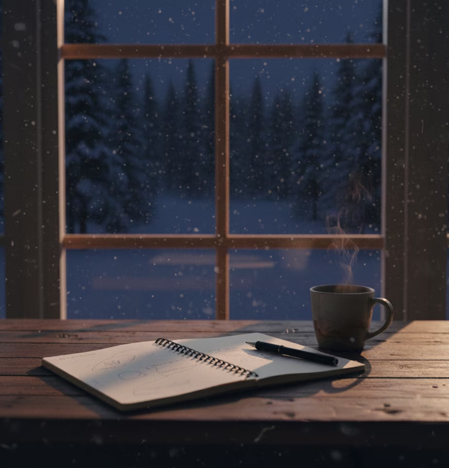 A steaming mug and an open spiral notebook with a pen rest on a wooden table by a window, with snow falling gently outside against a backdrop of pine trees. The scene is dimly lit, evoking a quiet, winter evening atmosphere.