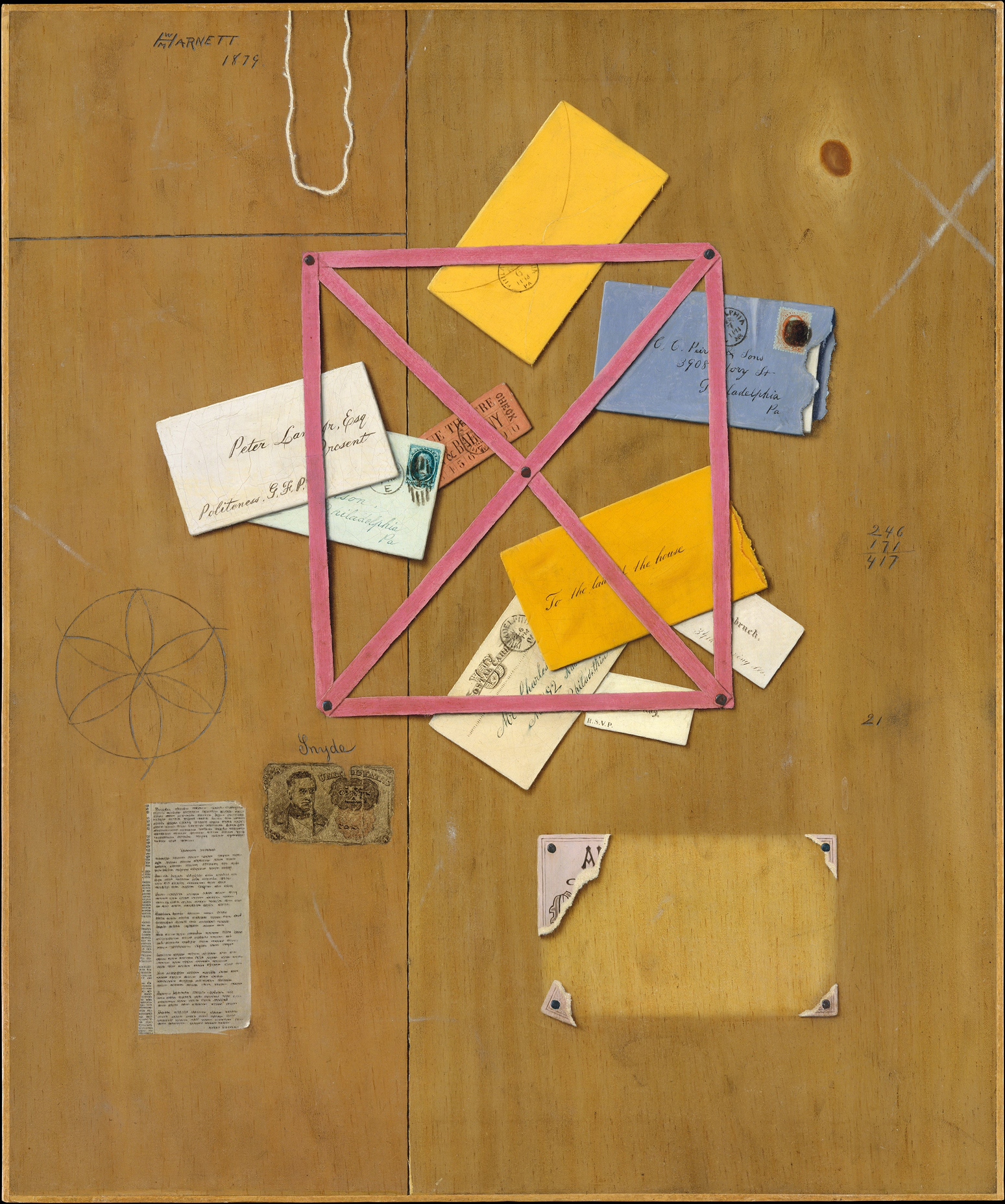 A painting by William Michael Harnett made in 1879 depicting a wooden letter rack with envelopes, stamps, and paper notes arranged behind pink ribbons. The objects are rendered in a trompe-l’oeil style to resemble a real bulletin board, courtesy The Metropolitan Museum of Art.