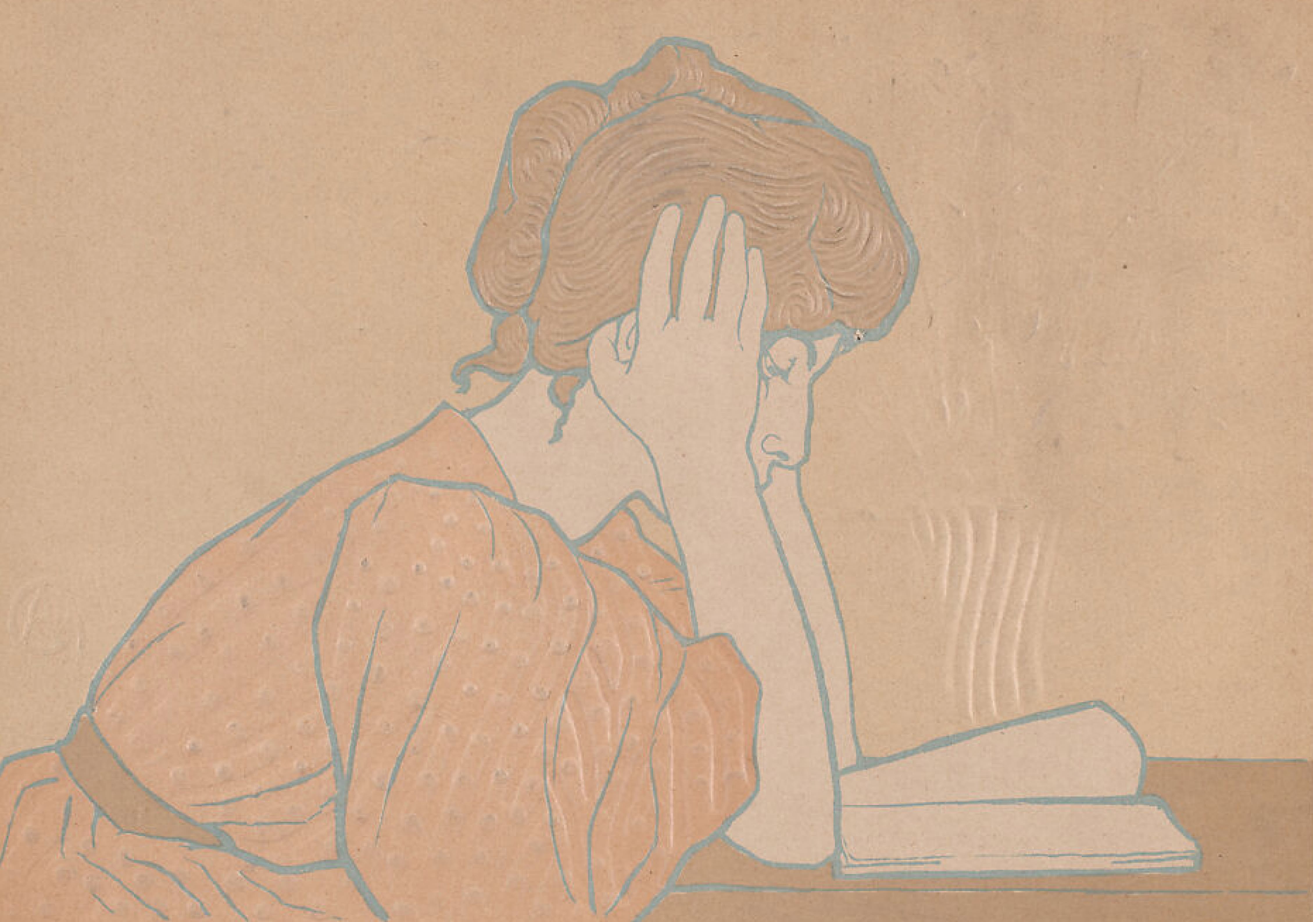 A drawing by Alexandre-Louis-Marie Charpentier made in 1896 depicting a young woman with her head resting in her hands as she reads a book. Image courtesy The Metropolitan Museum of Art.