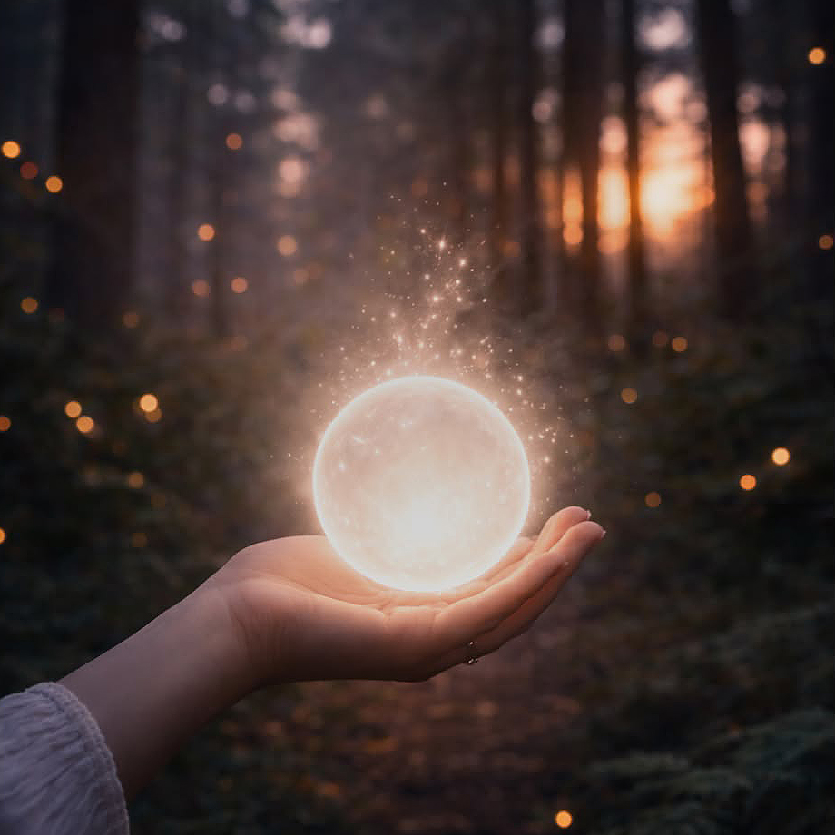 A hand holds a glowing orb emitting sparkles in a dim forest at sunset, surrounded by small floating lights. The background is softly blurred, with tall trees and warm light filtering through.