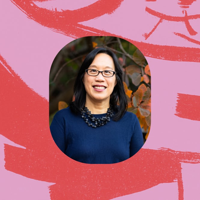 Cartoonist Lynn Hsu smiles at the camera, wearing black glasses, a navy top, and a layered dark necklace. Her rounded portrait is set against a pink background with bold red brushstroke-style graphics.