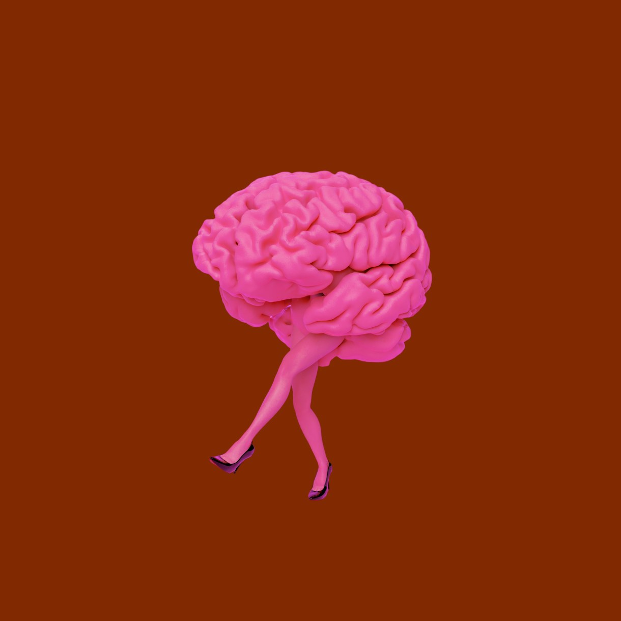 A surreal bright pink brain with human legs in black high heels walks against a solid reddish-brown background.