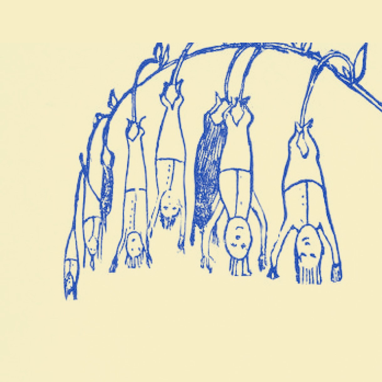 A blue line drawing on a pale yellow background shows several people hanging upside down by their feet from a curved tree branch or vine, their arms dangling toward the ground.