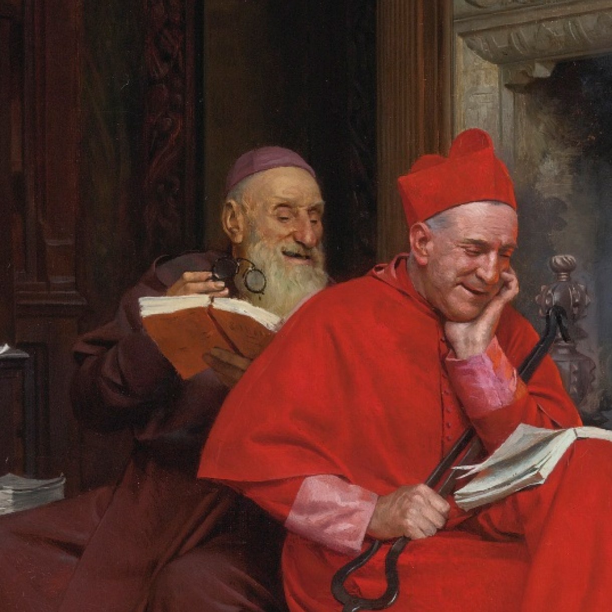 A painting by Jehan Georges Vibert made in 1866 depicting a cardinal in bright red robes smiling over an open book while a bearded monk behind him laughs and holds spectacles and another book.