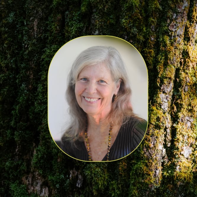 Forest ecologist Joan Maloof smiles at the camera in a rounded portrait frame. The portrait is set against a close-up background of moss-covered tree bark.