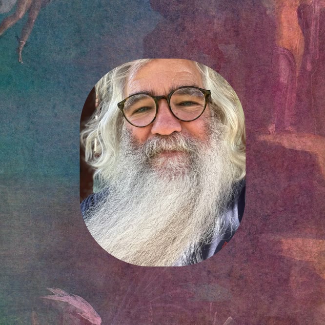 Erik Ireland, with long white hair, a full white beard, and round glasses, looks at the camera in a rounded portrait frame. The portrait is set against a textured teal, purple, and rust-colored background.
