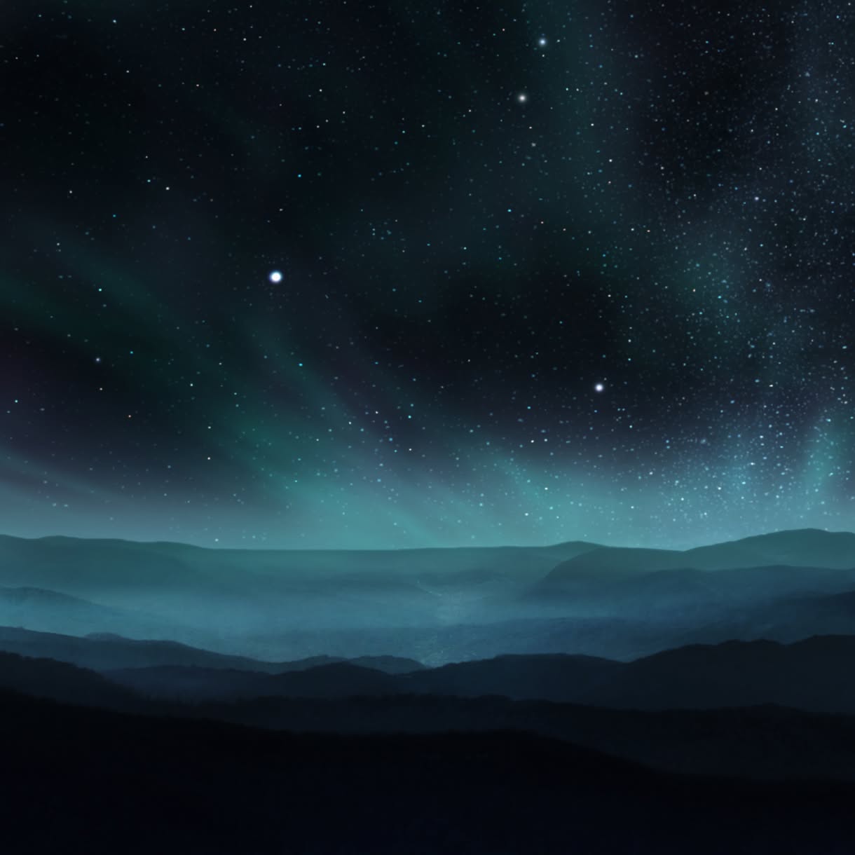 A star-filled night sky glows teal above layered dark mountain ridges fading into the distance.