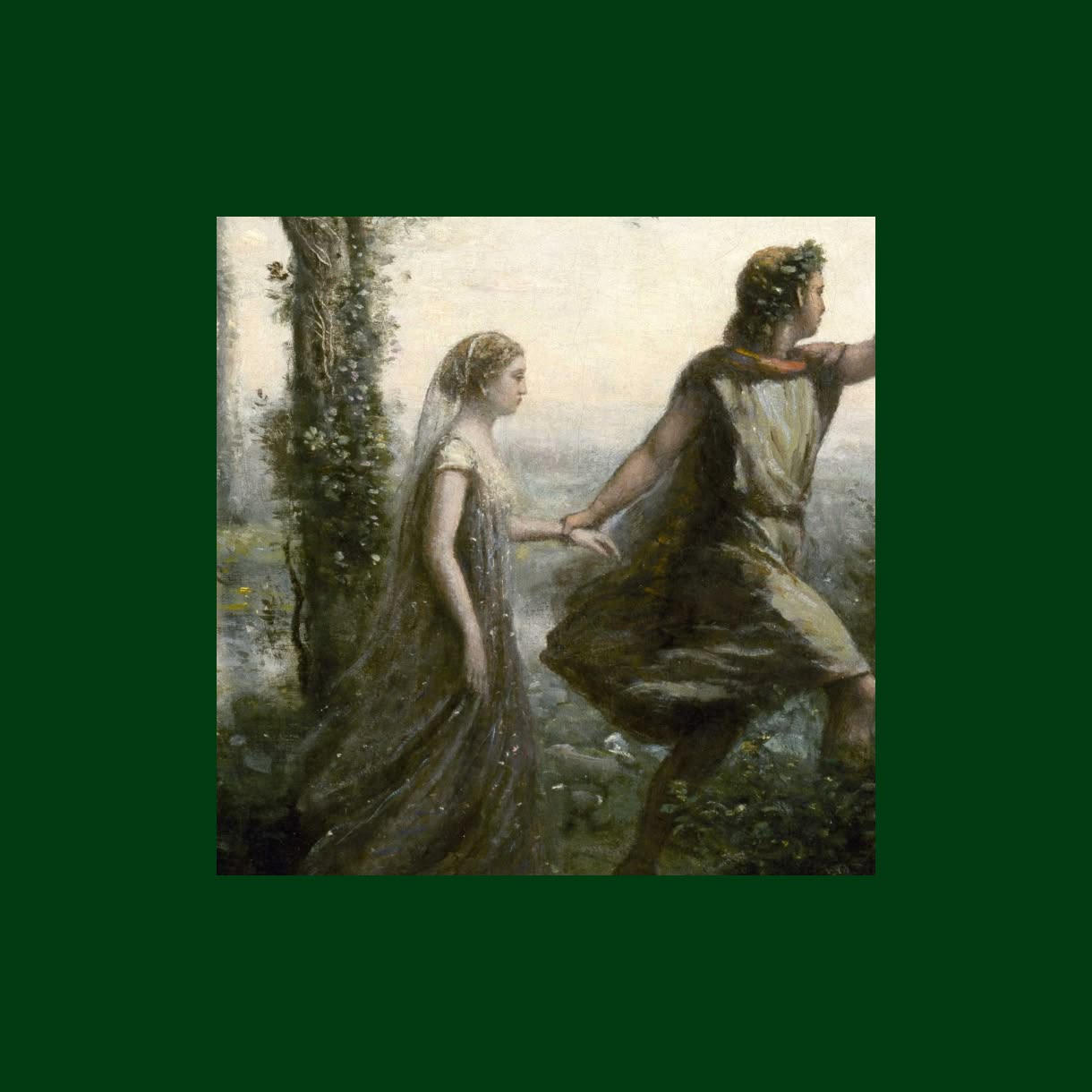 A painting of a man leading a woman by the hand through a wooded landscape, his arm extended forward as she follows behind in a long dress and veil. The artwork is centered within a wide dark green border.