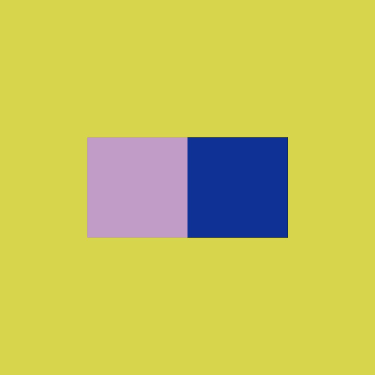 A minimalist graphic with a yellow-green background and two adjacent centered rectangles: pale lavender on the left and deep royal blue on the right.