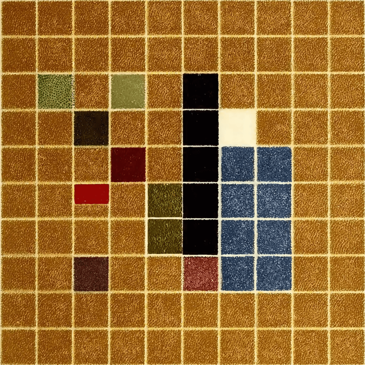 A textured grid of mostly ochre-brown squares contains scattered blocks of green, red, black, white, and blue, with a central vertical column of black squares and a cluster of blue squares to its right.