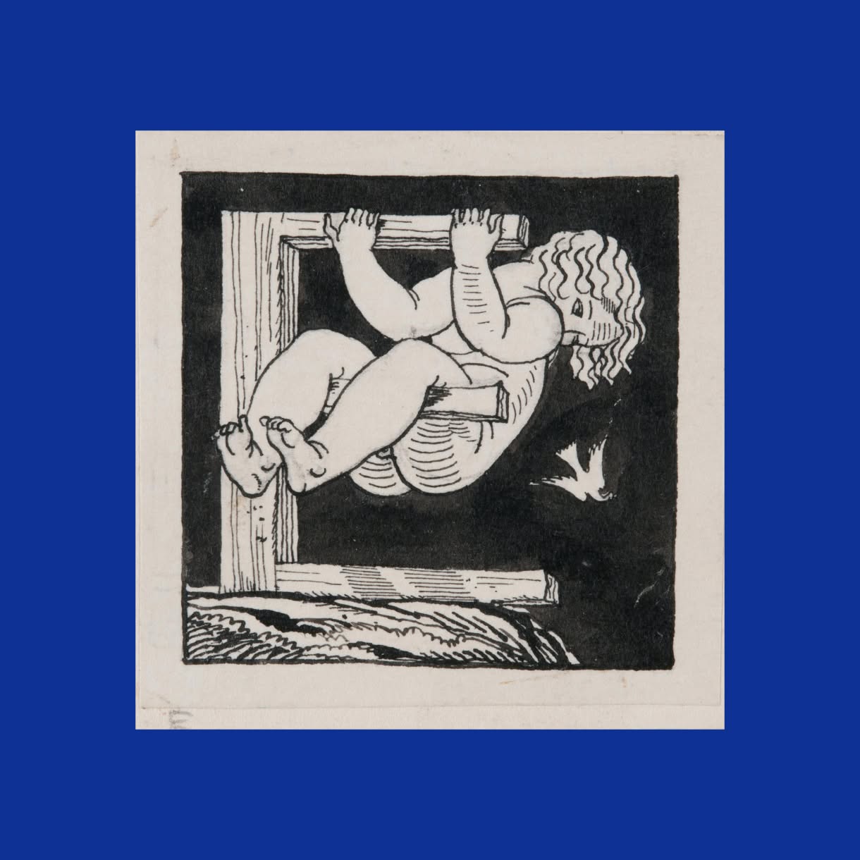 A black-and-white line drawing shows a curly-haired figure curled inside a wooden frame, gripping the top edge with both hands and bracing their bare feet below. The artwork is centered on a deep blue background.