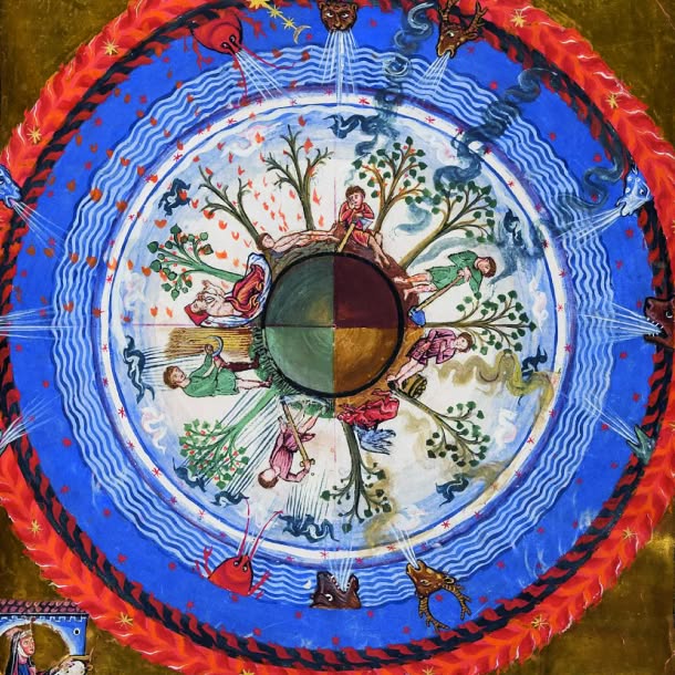 A circular medieval-style illustration depicts a small world divided into four colored quarters, ringed by trees, human figures, animals, waves, stars, and fantastical faces.