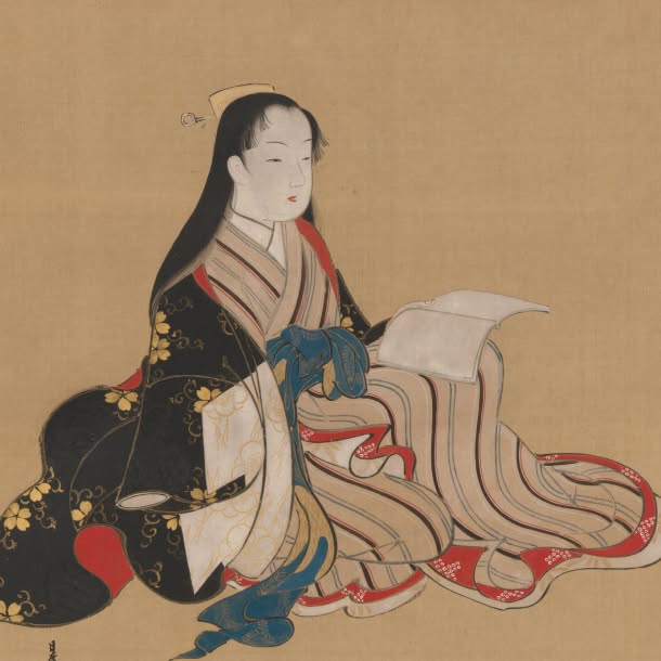 A Japanese painting depicting a seated woman in layered patterned robes holding an open book or folded papers against a plain tan background.