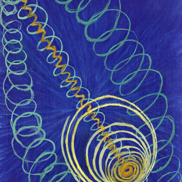 Abstract composition of looping green and yellow spiral lines radiating across a deep blue background, converging into a tight coil near the lower right.
