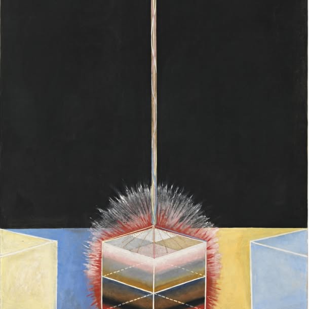 Abstract artwork with a black upper field and pale blue and yellow lower sections, centered on a glowing geometric cube pierced by a thin vertical beam.