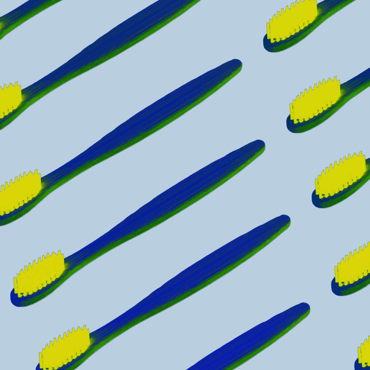 A repeating diagonal pattern of blue toothbrushes with bright yellow bristles on a pale blue background.