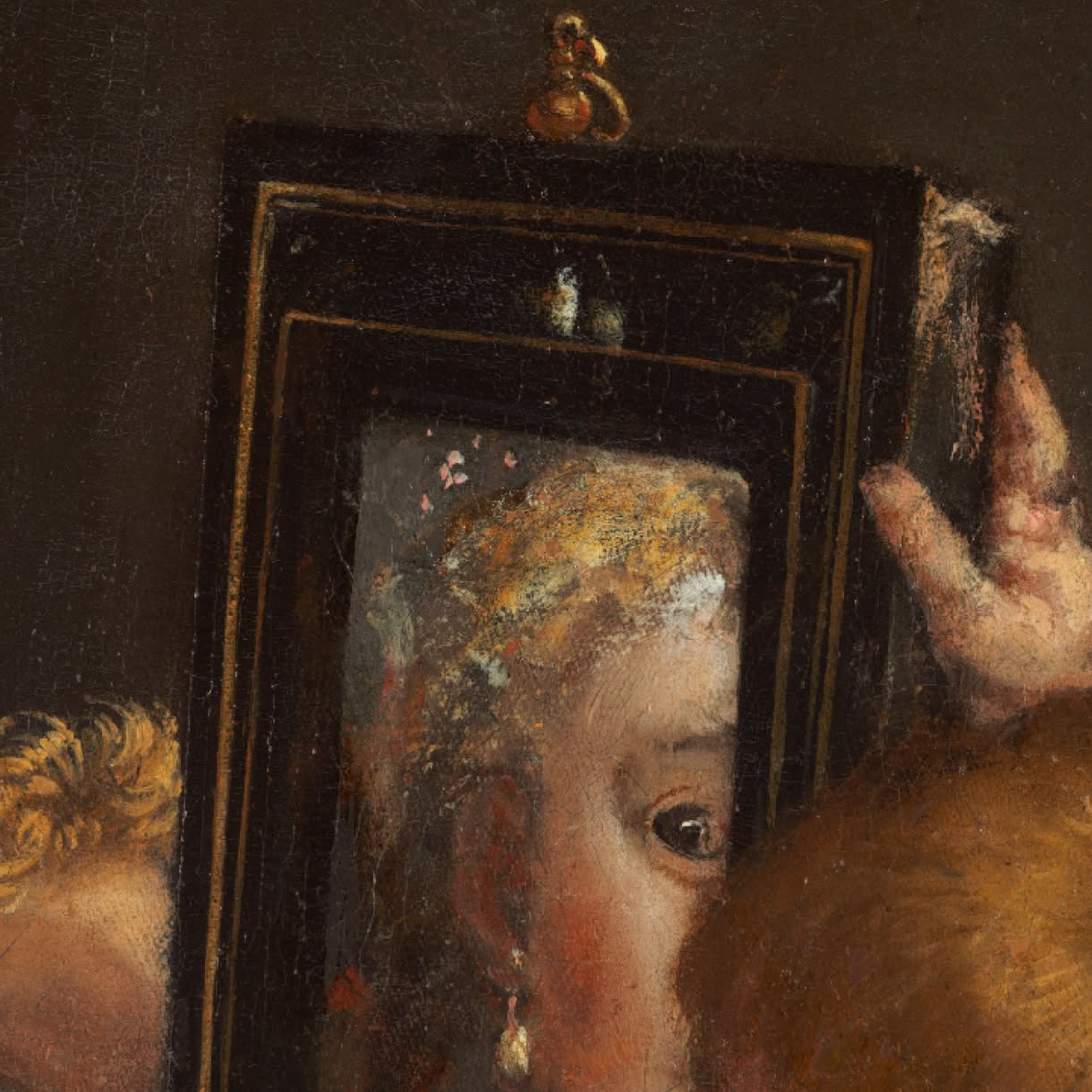 A dark-toned painting showing a figure’s face reflected in a tall rectangular mirror, with another person partially visible at the right edge.