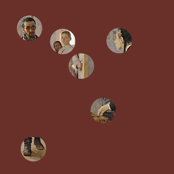 Six circular cutouts from a figurative painting float on a dark reddish-brown background, revealing fragments of faces, a hand, and boots.