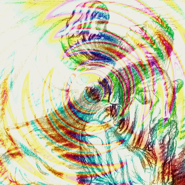 Abstract multicolored drawing with overlapping concentric arcs and looping lines in green, blue, red, yellow, and pink, forming a swirling circular composition on a pale background.