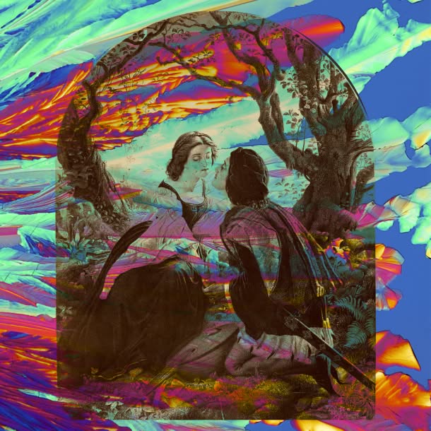 Surreal collage of two seated figures facing each other beneath large trees, framed by an arched vignette and layered with vivid streaks of turquoise, red, orange, purple, and blue.