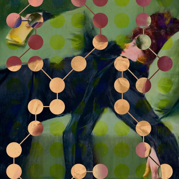 Abstract collage of a reclining figure in dark clothing against a green background with large polka dots, overlaid with connected circular shapes resembling a molecular diagram.
