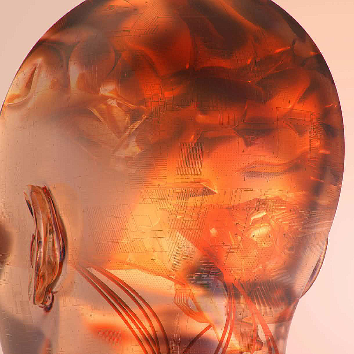 An abstract side profile of a human head glowing in warm orange and copper tones, overlaid with intricate circuit-like geometric patterns.