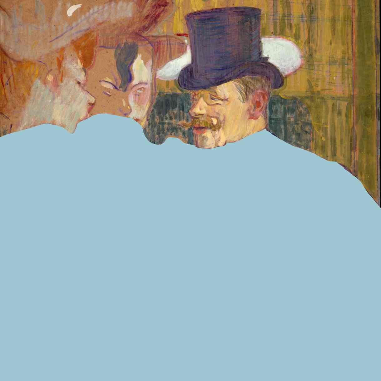 A cropped painting showing a man in a tall black top hat smiling among other figures, with the lower half covered by a pale blue organic shape.