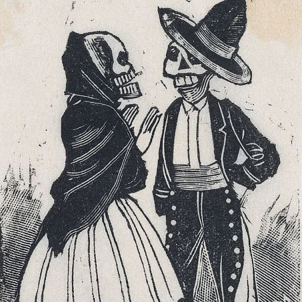 A black-and-white illustration of two skeleton figures in traditional clothing facing each other, one wearing a shawl and long skirt and the other a wide-brimmed hat and patterned trousers.