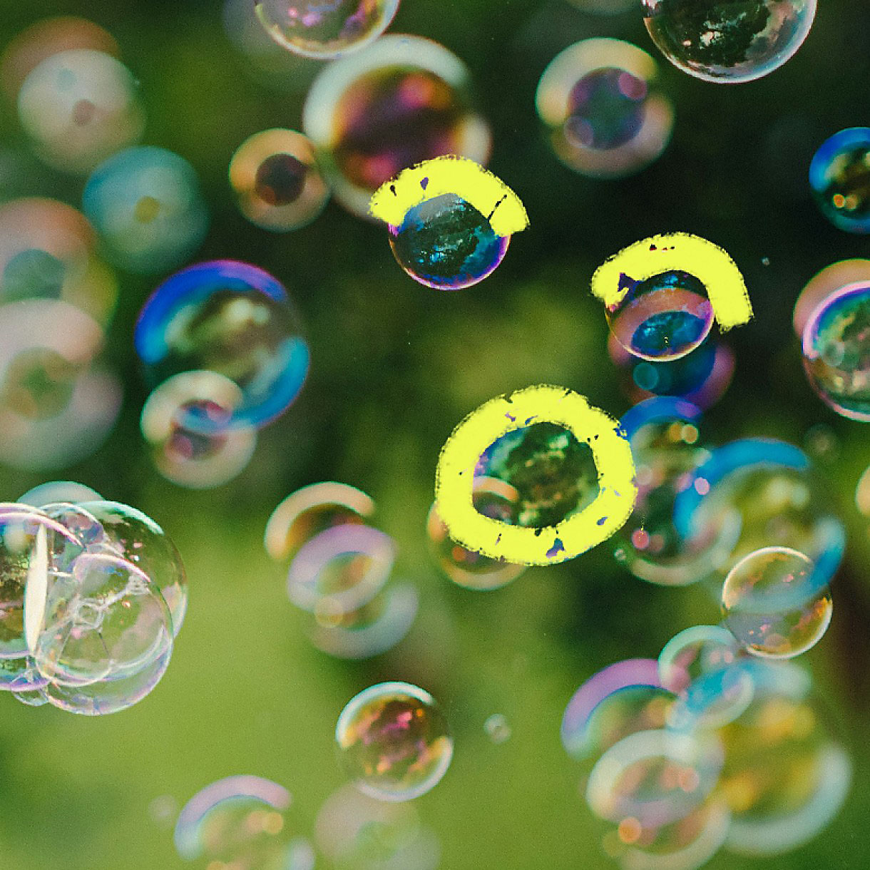 Colorful soap bubbles floating against a softly blurred green background, with iridescent reflections in pink, blue, yellow, and purple.
