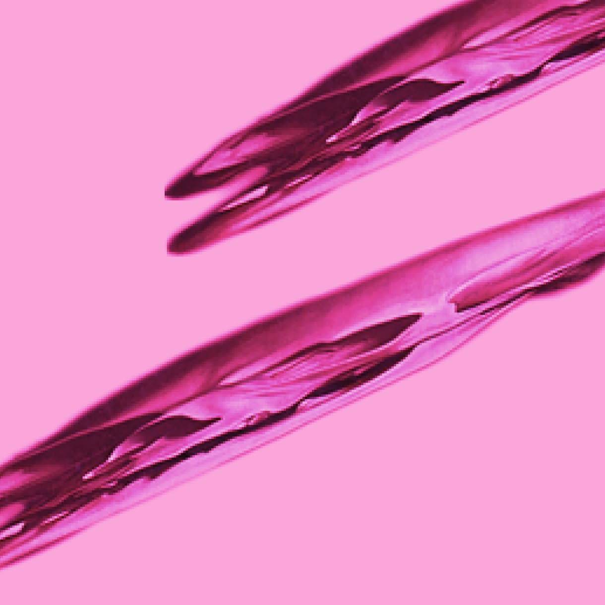 An abstract image of elongated, glossy magenta shapes stretching diagonally across a pale pink background.