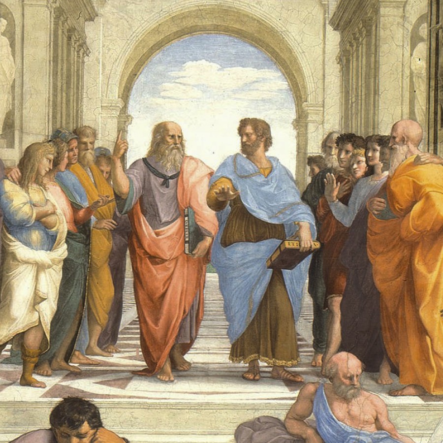 A detail from Raphael’s fresco The School of Athens (1509–1511), depicting the philosophers Plato and Aristotle walking side by side beneath a grand stone archway, surrounded by groups of scholars in colorful robes. Plato points upward while Aristotle extends one hand forward, palm facing down.