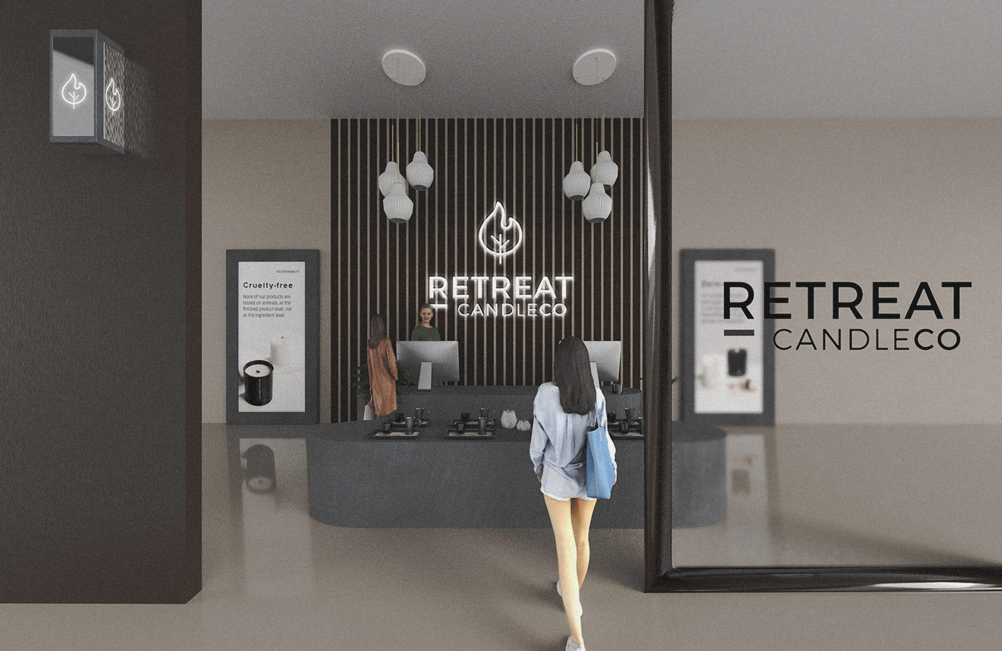 Retreat Candle Co image display. A girl walking into storefront