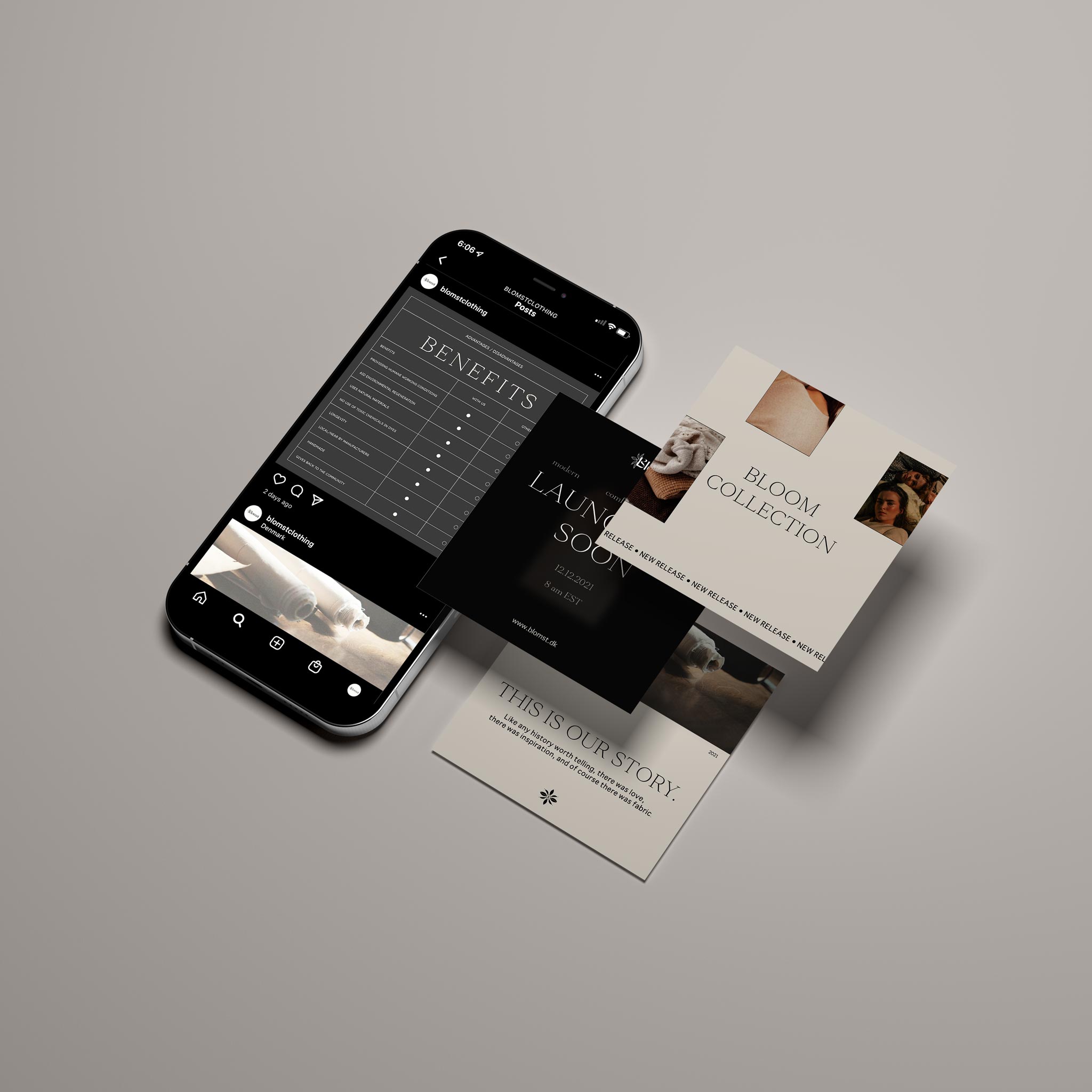 Blomst instagram phone mockup display with three cards.