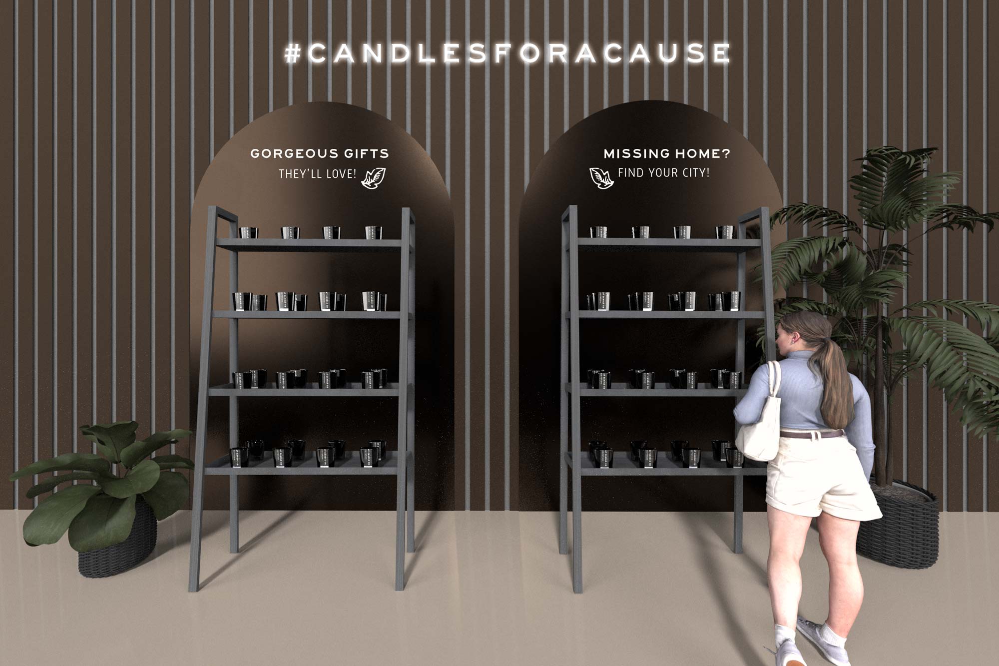 3D display of more candles displaying around the store with a women figure standing in front  