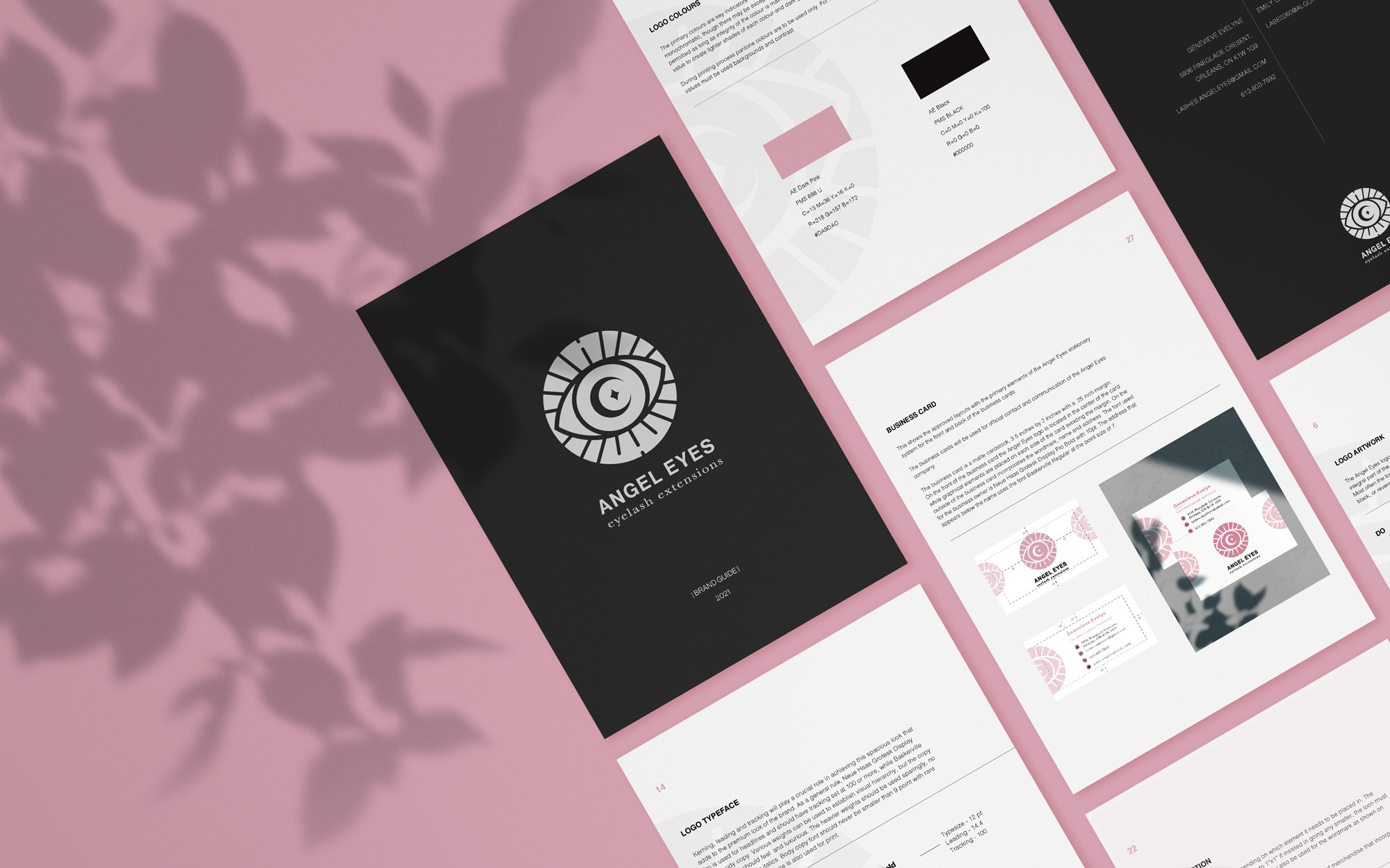 Angel eyes brand guideline placed on pink background