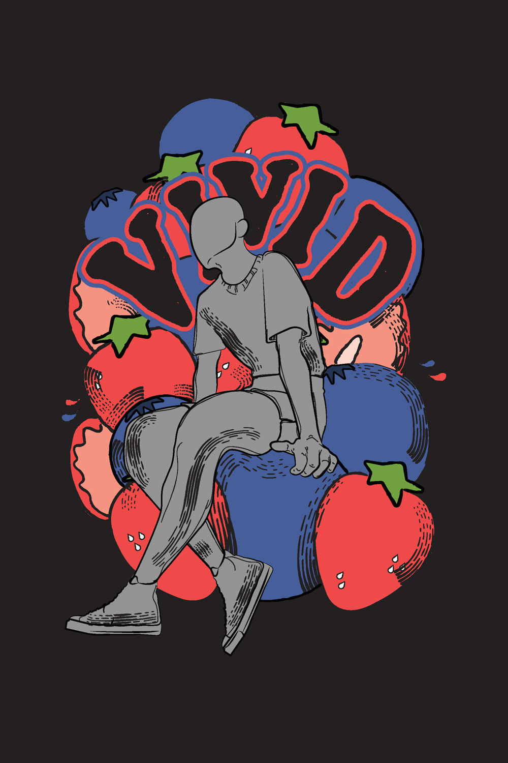 Vivid illustration of figure with bright bold fruit sounding and the logo
