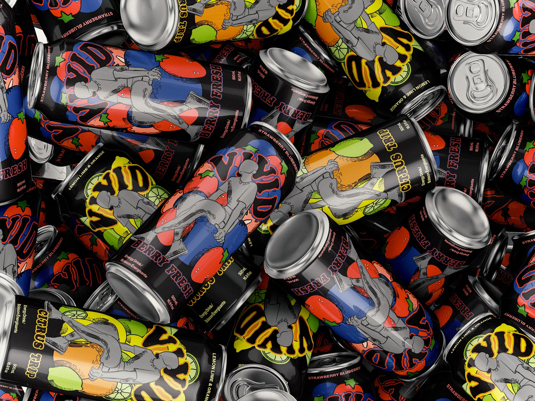 Vivids citrus and fruit cans bundled up together in mockup display